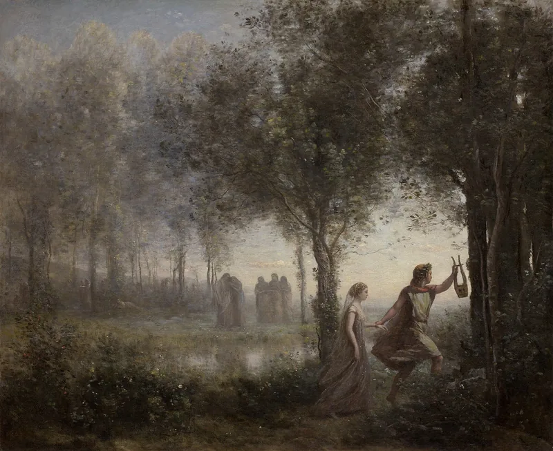 Painting of a misty wood, with Orpheus holding up a lyre and leading Eurydice by the hand