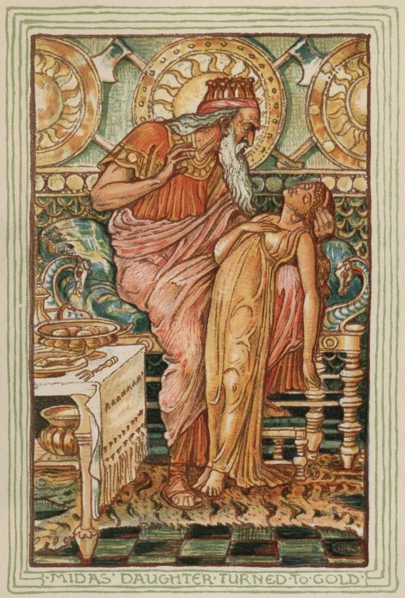 Colour illustration of a bearded king in a crown holding a girl who has turned to gold, beside a table of food