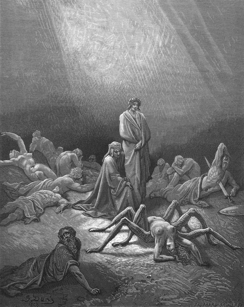 Engraving of a woman with the lower body of a giant spider, watched by two travellers