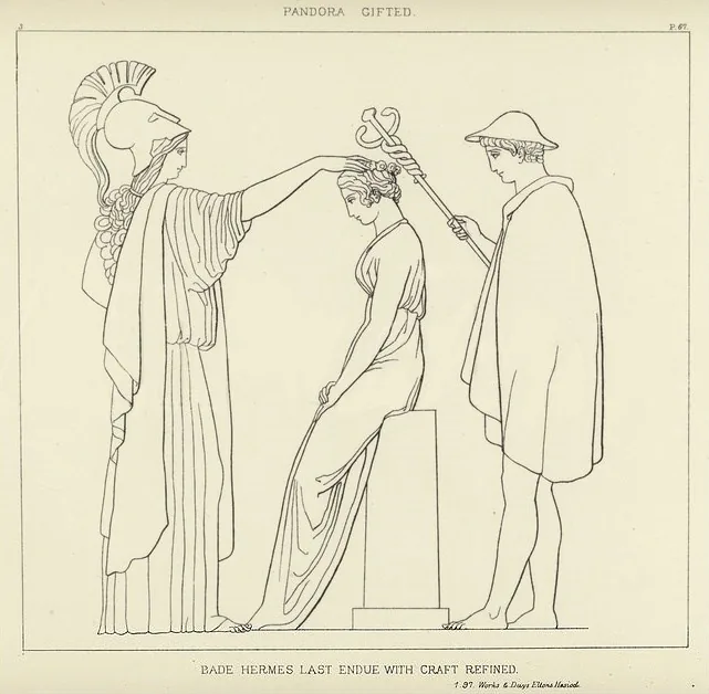 Line drawing of Pandora standing between two gods who are giving her gifts