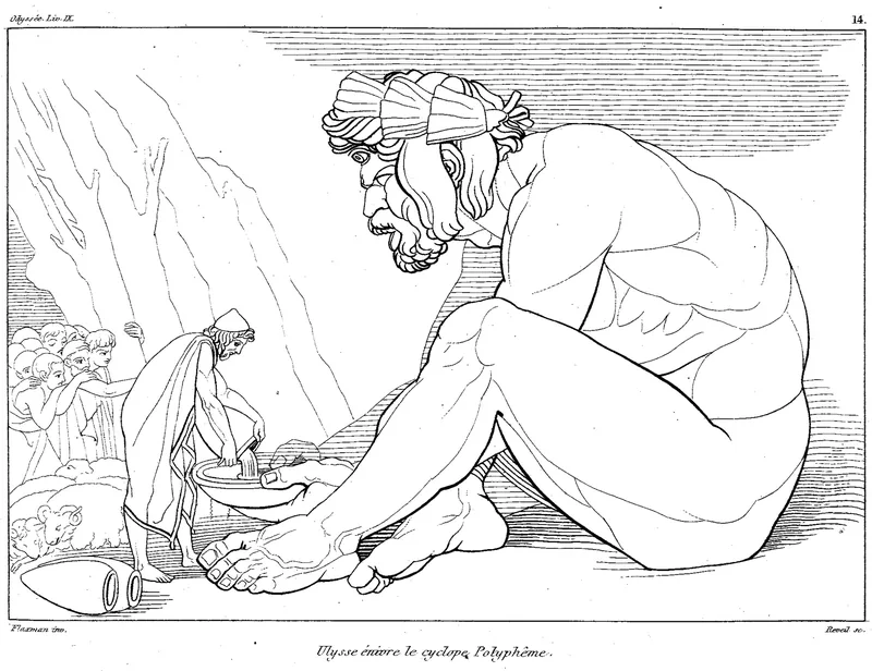 Line drawing of a huge seated giant reaching down towards a small figure offering him a cup