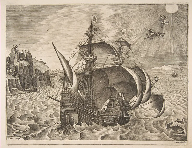 Engraving of a large sailing ship with two tiny winged figures in the sky