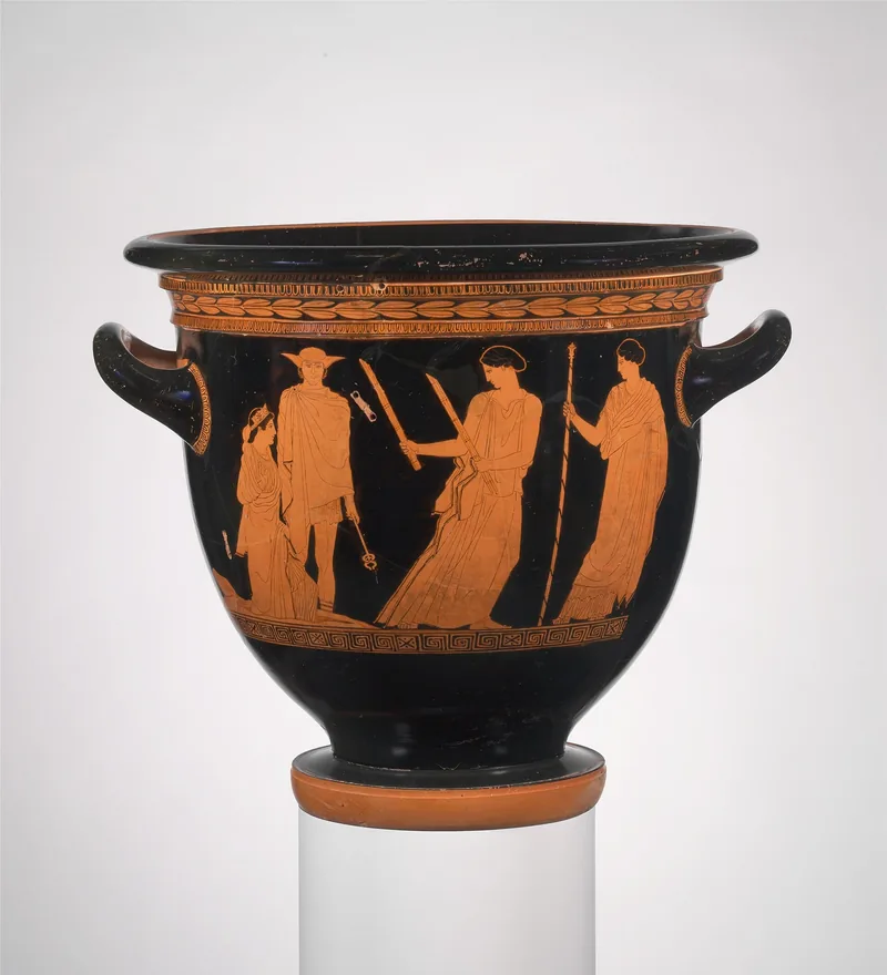 Ancient Greek red-figure wine-mixing bowl painted with Persephone rising from the ground, with Hermes, Hekate holding two torches, and Demeter