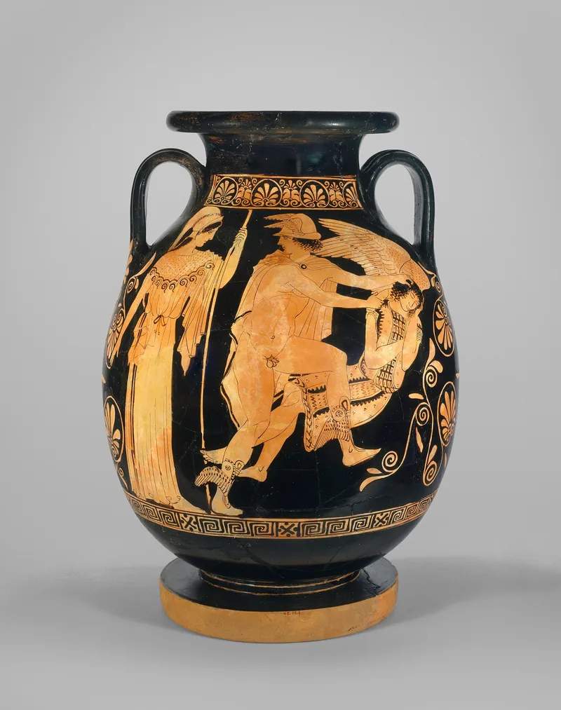 Ancient Greek red-figure jar showing Perseus with a sword, looking away, beside the sleeping Medusa, with Athena watching