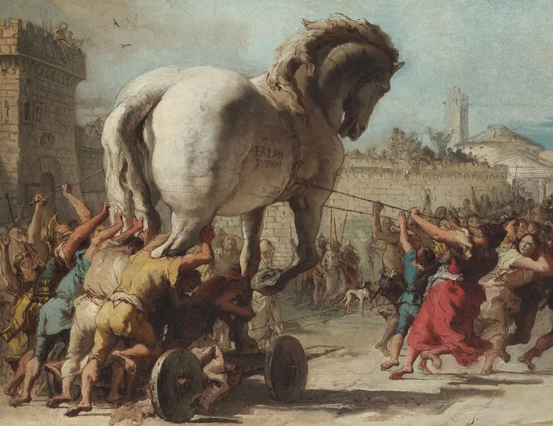 Painting of a crowd of people hauling a huge wooden horse on wheels into a city
